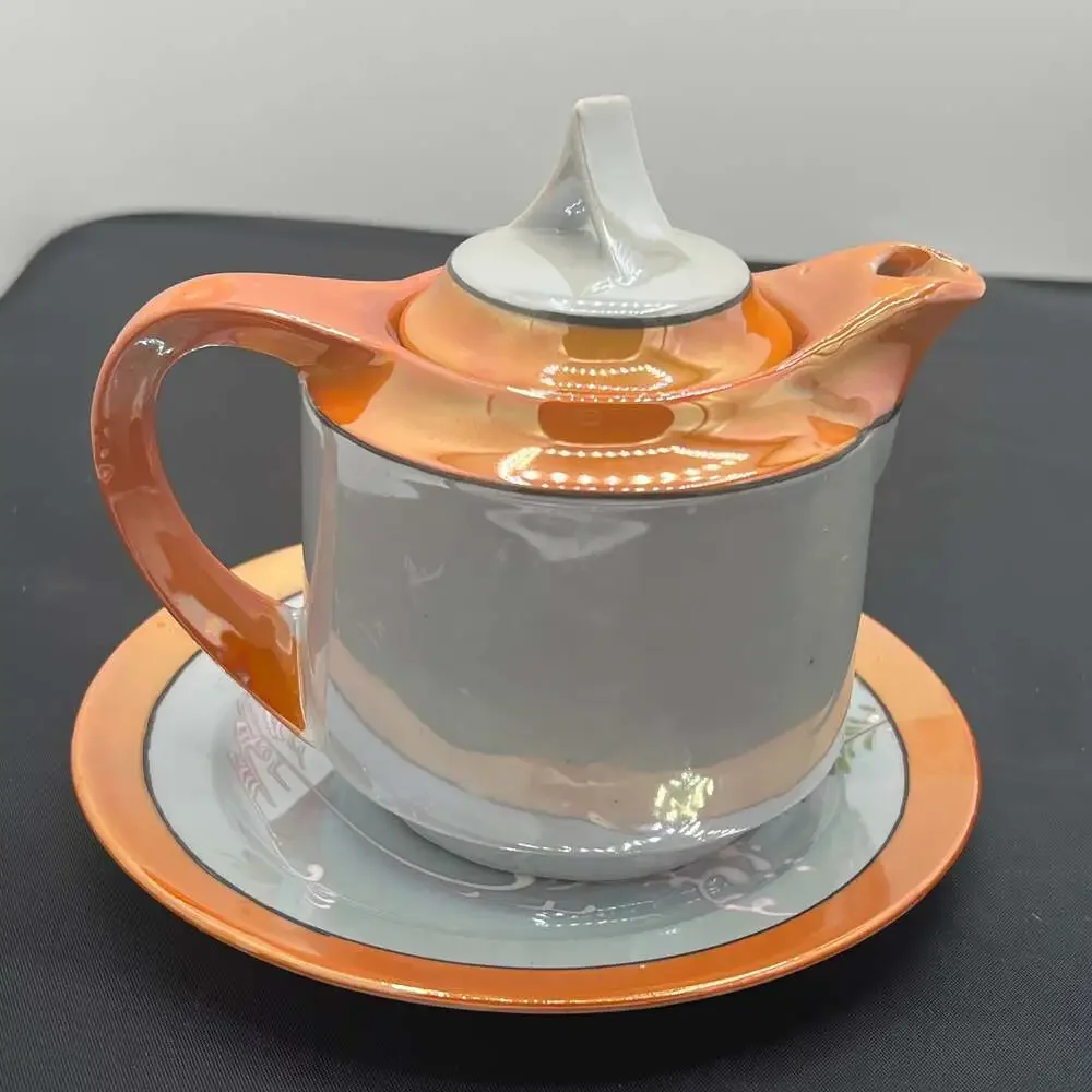 VTG GOLDCASTLE CHIKUSA Art Deco Hand Painted Lustreware Teapot & under plate
